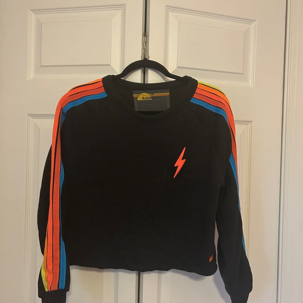 Aviator Nation Black Sweatshirt with Rainbow Stripes
